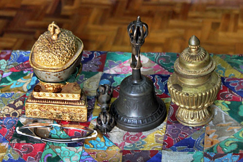 Pokhara-Shree-Gaden-Dhargay Ling Monastery11 Bells and other items used in a puja ceremony