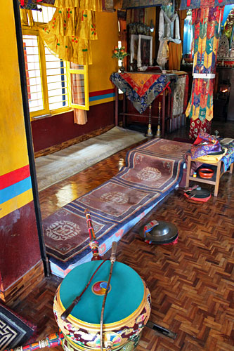 Pokhara-Shree-Gaden-Dhargay Ling Monastery14 Carpeted platforms were monks sit during puja and daily prayers