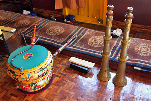 Pokhara-Shree-Gaden-Dhargay Ling Monastery9 Drum and horns used in puja ceremony