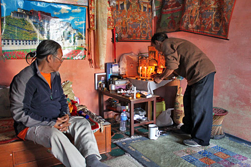 Pokhara-Tarshi-Palkhiel-Refugee-Settlement-Tibetan-Shaman-Healing1 Mediator prepares the altar prior to shamanic ceremony