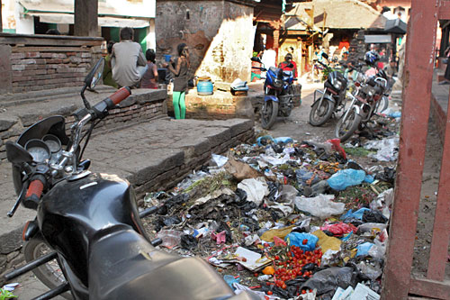 Durbar-Square-Trash Pile of trash in the back streets around Durbar Square, Kathmandu, Nepal