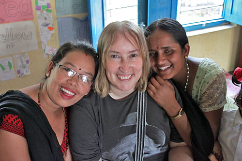 Val-with-Nepal-Teachers Valerie Jamieson with a teacher and teacher assistant at Annapurna Primary School in Pokhara, Nepal