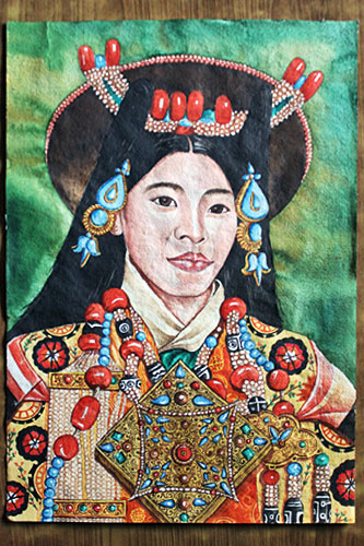 Piece1-Utsang-Tibetan-Woman Portrait of Tibetan Utsang woman, watercolor on handmade paper, 20" high x 14" wide, 4000 Rupees (NRS)