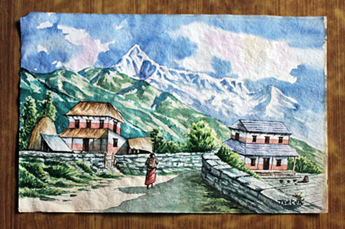 Piece3-Gandruk-Trekking-Region Gandruk Trekking Region with Fishtail Peak in background, watercolor, 14" high x 20" wide, 3500 Nepali Rupees (NRS)